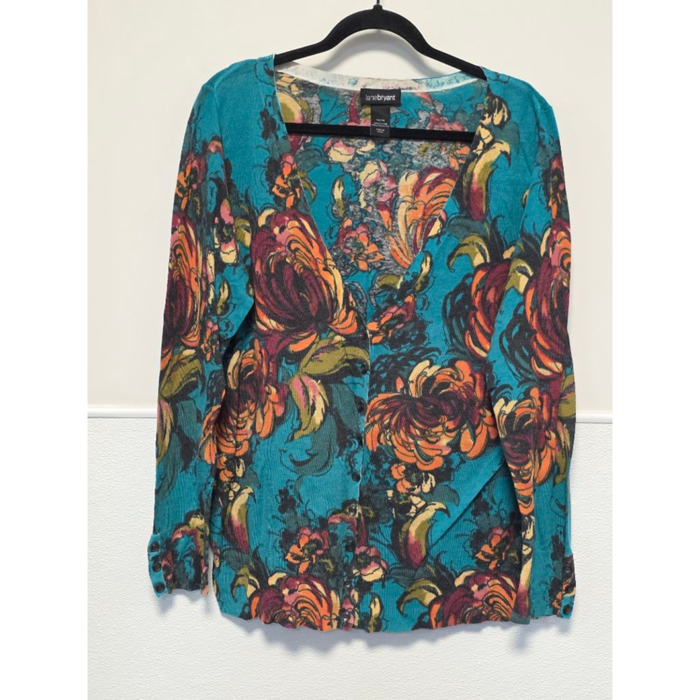 Women's Lane Bryant Teal Orange Floral Light Weight Cardigan Plus Size 14